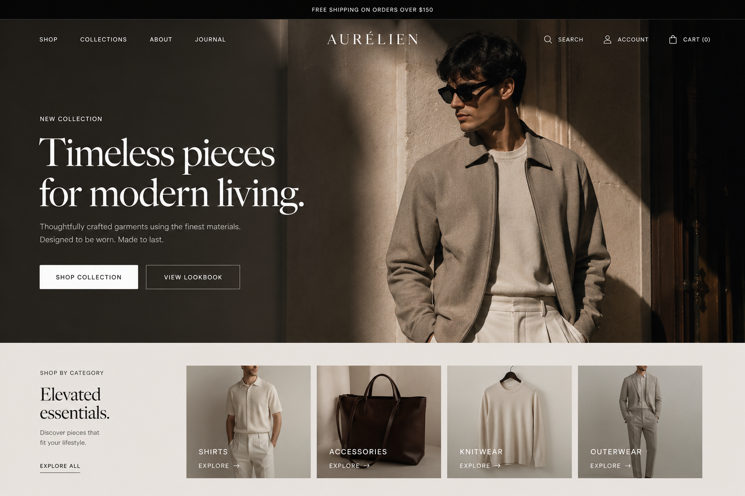Aurélien editorial apparel storefront — Timeless pieces for modern living