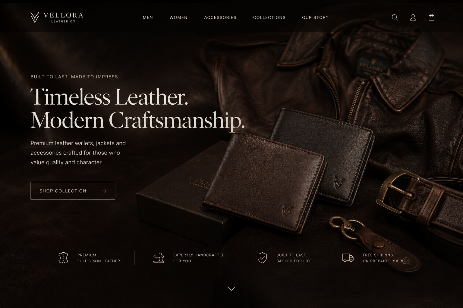 Vellora leather goods storefront — Timeless leather, modern craftsmanship