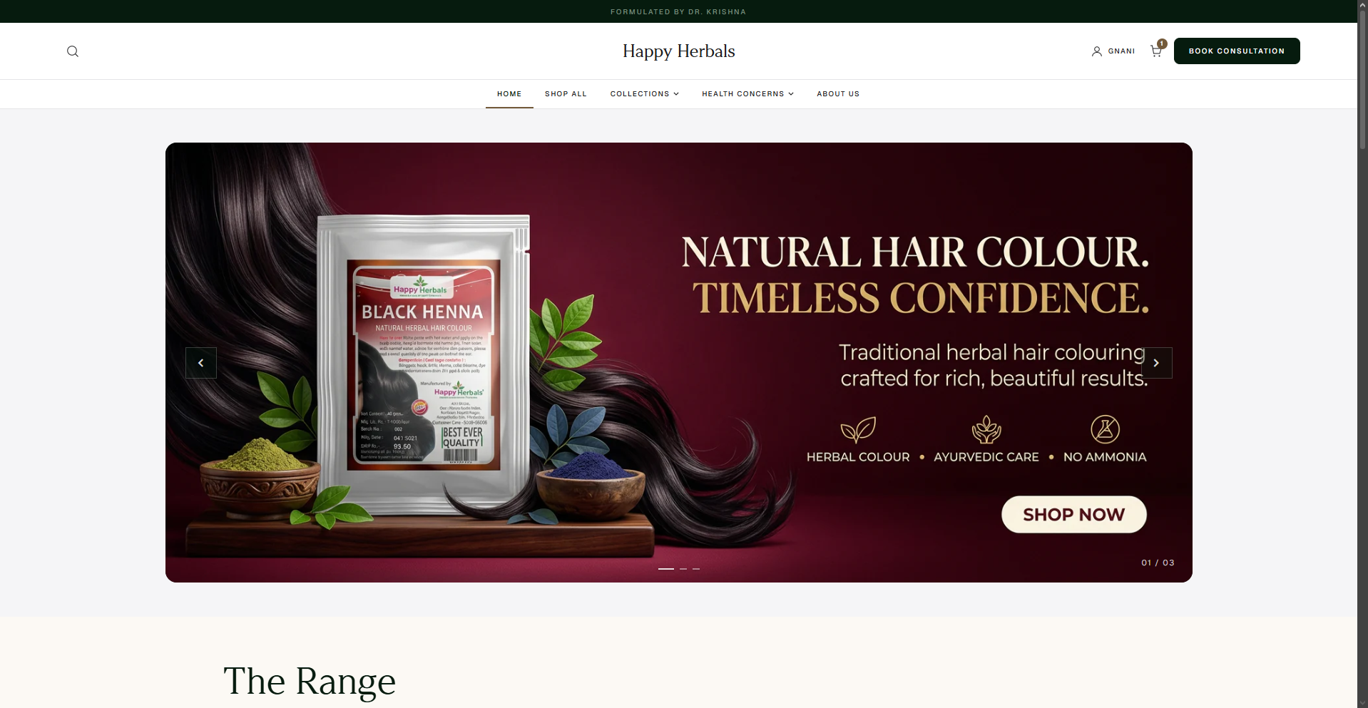 Happy Herbals Ayurvedic e-commerce homepage